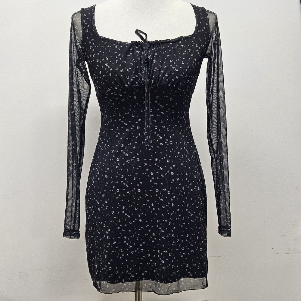 Suite Benedict Ditsy Floral Sheer Overlay Long Sleeve Mini Dress S Babydoll Y2K